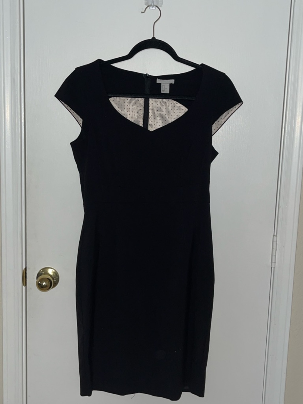 Size 8 H&M Classic Black Cap-Sleeve Sheath Dress with Polka Dot Mesh Detail